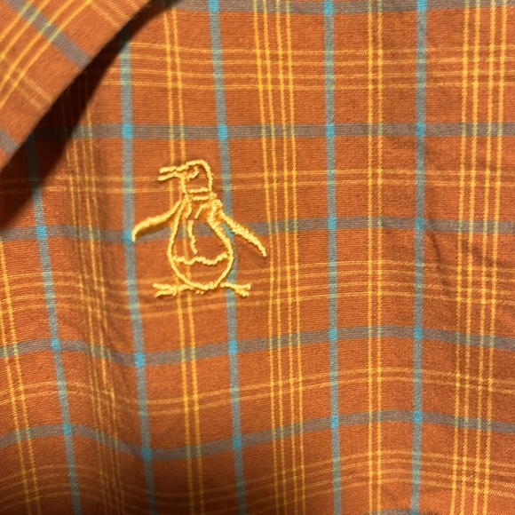 Penguin Orange/turquoise plaid button down shirt white collar - Picture 2 of 6